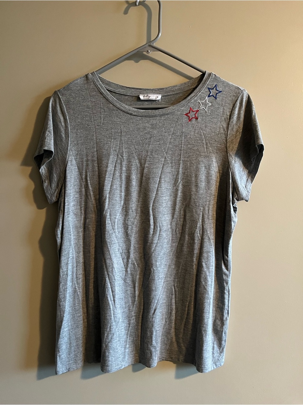 Grey Short Sleeve Tee with Red, White & Blue Star Accents